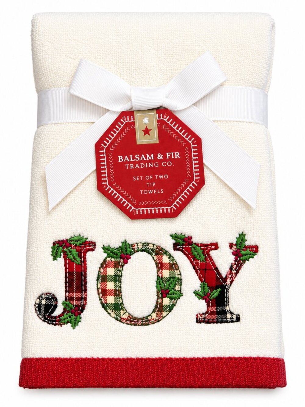 Christmas Joy Fingertip Towels Appliqued Embroidered White Holiday Set of 2